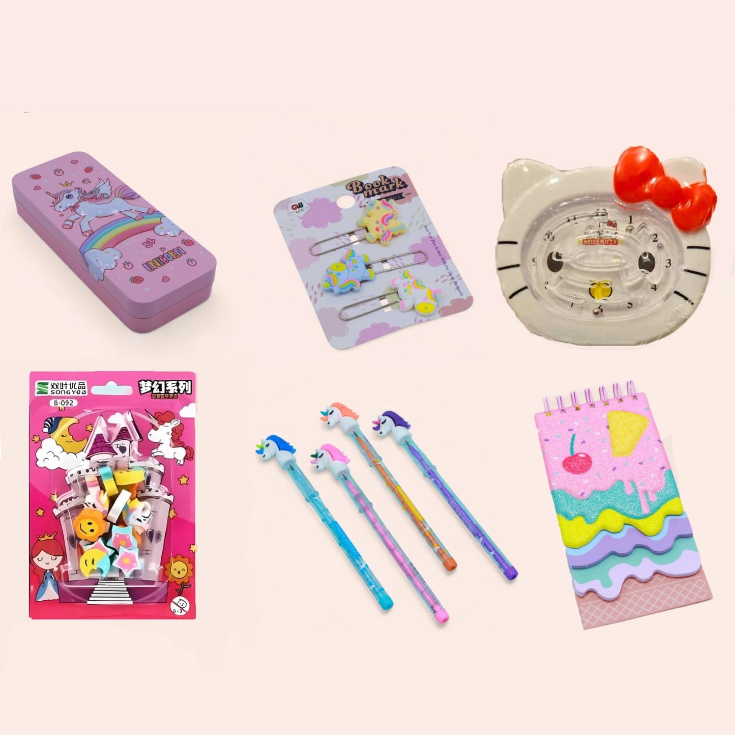 School Essential Combo (Pencil Box + Bookmark Set of 3 + Sharpener + Set of Erasers + Cupcake Diary + Unicorn Pen Pencil)