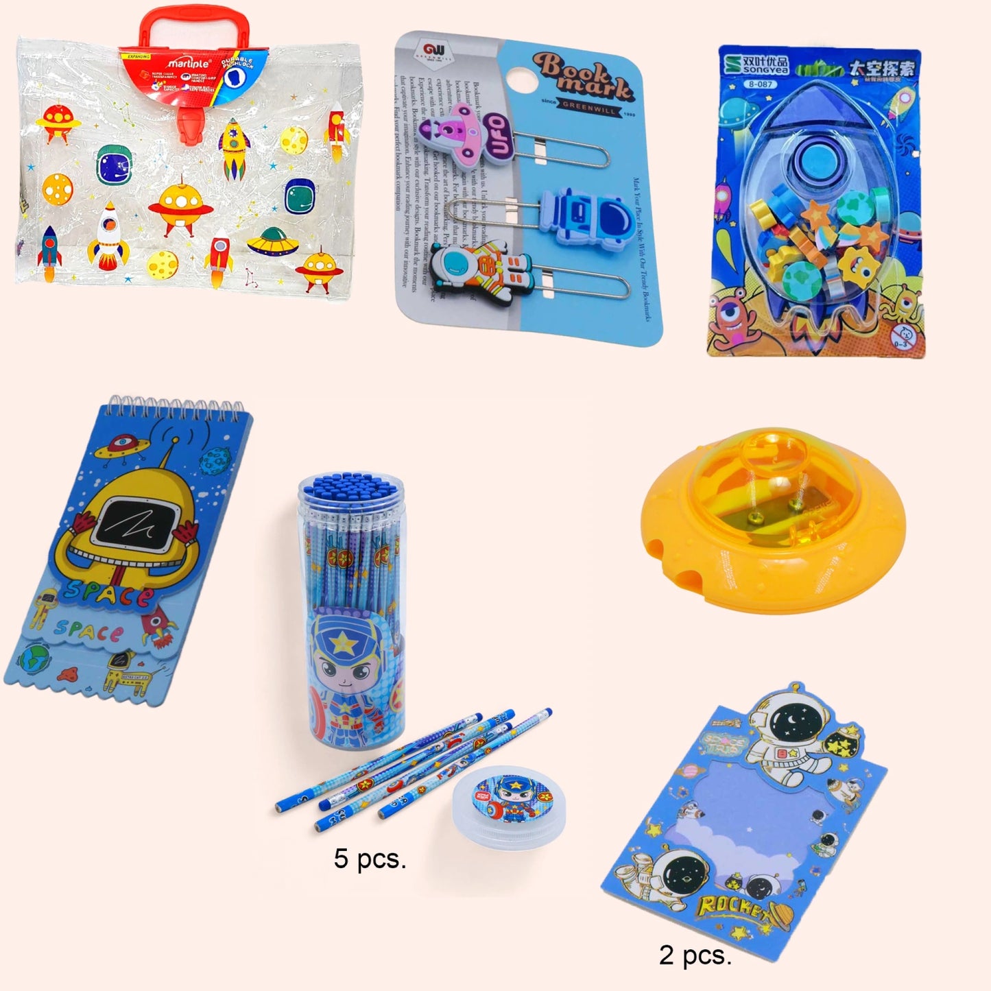 Space School Essential Combo ( Push Lock Folder + 5 Pencils + Set of Erasers + 2 Set of Sticky Notes + Space Bookmark + Spiral Diary + Sharpener)