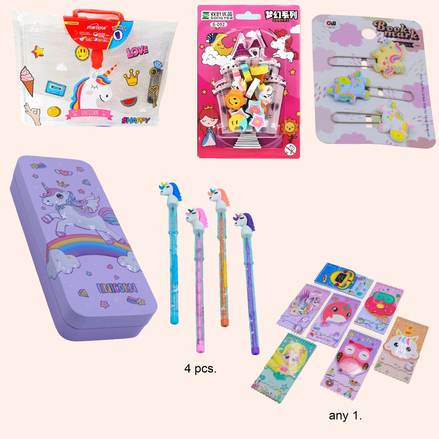 Unicorn School Essential Combo ( Push Lock Folder +Pencil Box + 4 Pen Pencils + Set of Erasers + Bookmark + Spiral Diary)