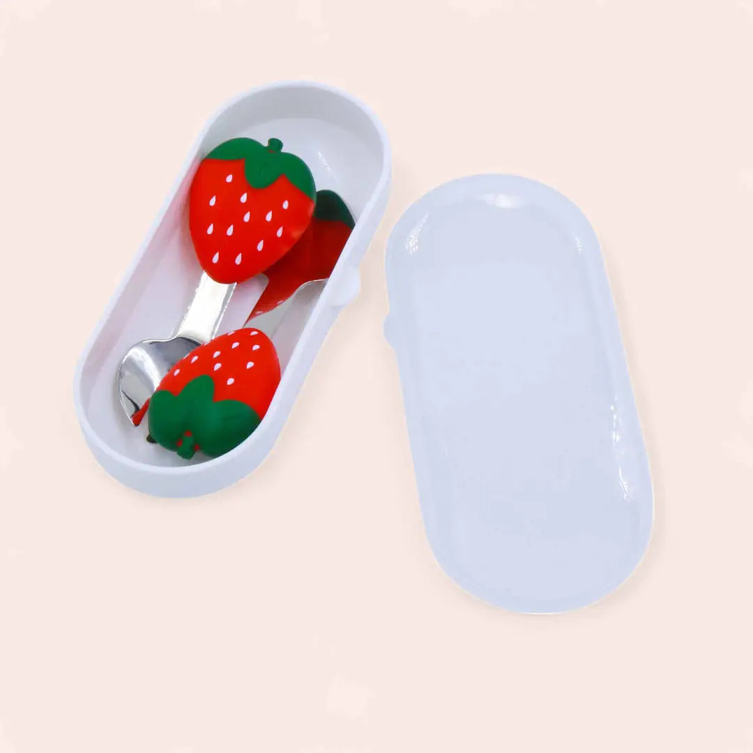 Strawberry Steel Cutlery Set with Case (Spoon & Fork) - Kids' Fun Mealtime Utensils