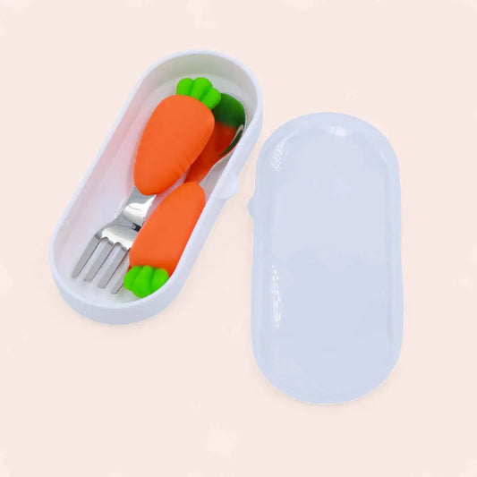 Carrot Steel Cutlery Set with Case (Spoon & Fork) - Fun Kids' Utensils