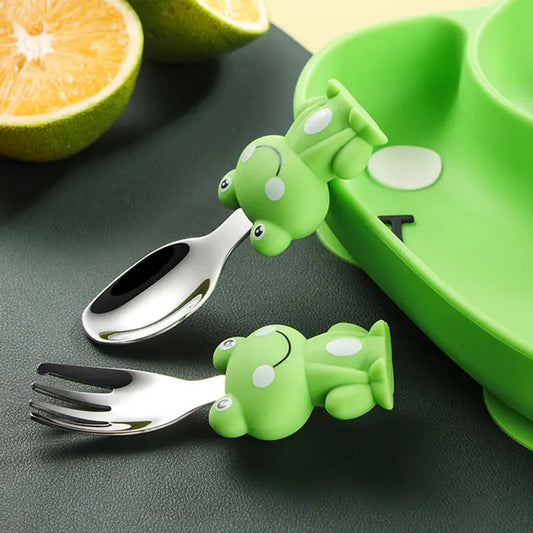 Froggy Feast: Steel Spoon & Fork Set with Case