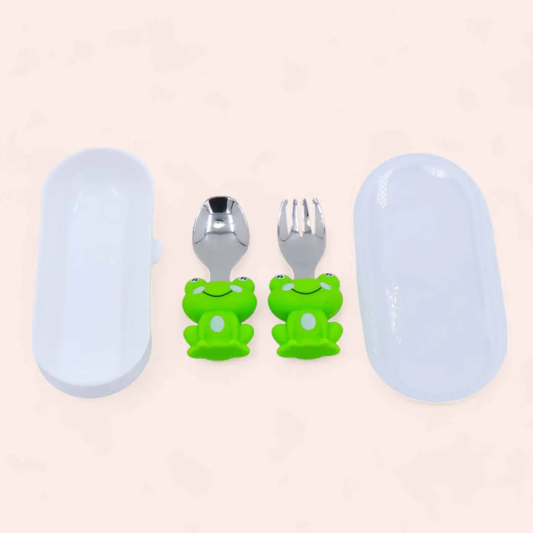 Frog Steel Cutlery Set with Case (Spoon & Fork) - Kids' Fun Mealtime Utensils