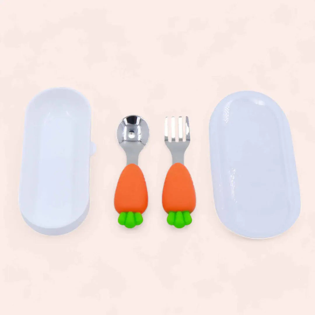 Carrot Steel Cutlery Set with Case (Spoon & Fork) - Fun Kids' Utensils